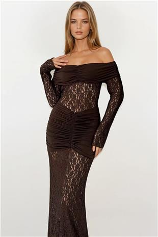 Kadın Kahverengi Madonna Yaka Danteli Maxi Boy Elbise Vs01695