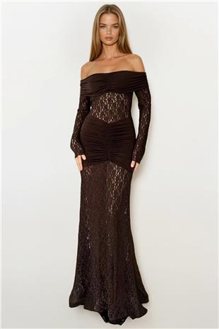 Kadın Kahverengi Madonna Yaka Danteli Maxi Boy Elbise Vs01695
