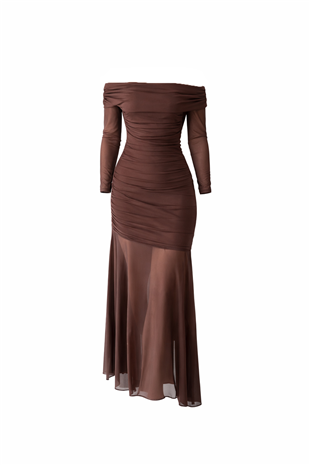 Kadın Kahverengi Madonna Yaka Drape Detaylı Eteği Ve Kolları Transparan Elbise Alc-X15337