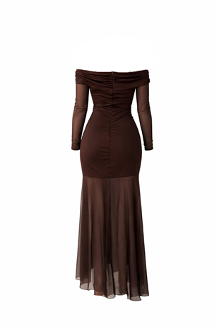 Kadın Kahverengi Madonna Yaka Drape Detaylı Eteği Ve Kolları Transparan Elbise Alc-X15337