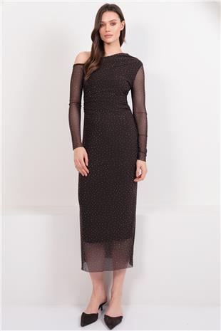 Kadın Kahverengi Taş İşlemeli Tek Omuz Drapeli Maxi Boy Elbise Vs01641