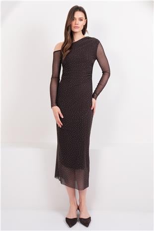 Kadın Kahverengi Taş İşlemeli Tek Omuz Drapeli Maxi Boy Elbise Vs01641