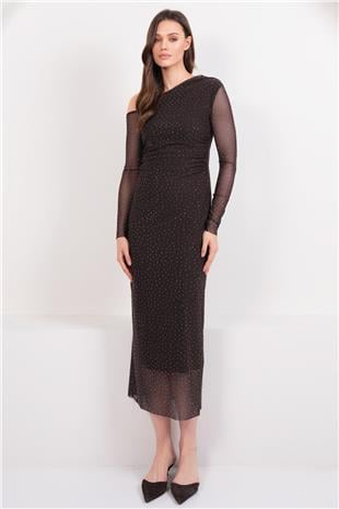 Kadın Kahverengi Taş İşlemeli Tek Omuz Drapeli Maxi Boy Elbise Vs01641