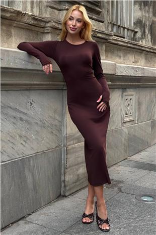 Kadın KAHVERENGİ Uzun Kollu Bisiklet Yaka Dar Kesim Elbise VS01537