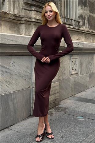 Kadın KAHVERENGİ Uzun Kollu Bisiklet Yaka Dar Kesim Elbise VS01537