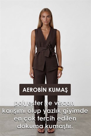 Kadın Kahverengi V Yaka Belden Bağlamalı Aerobin Dokuma Takım Alc-X15469