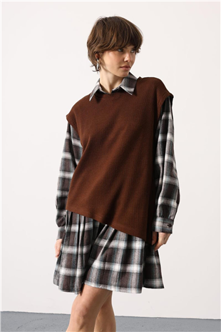 Kadın Kahverengi-Yeşil Ekoseli Süveter Detaylı Mini Elbise Alc-X15203