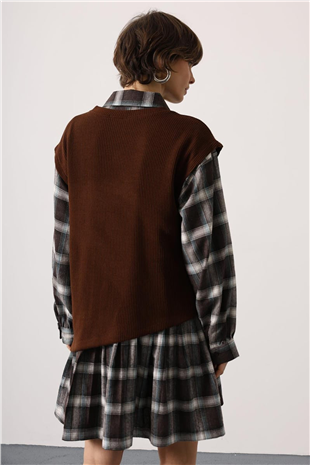 Kadın Kahverengi-Yeşil Ekoseli Süveter Detaylı Mini Elbise Alc-X15203