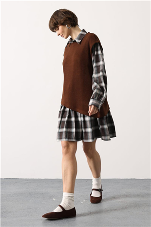 Kadın Kahverengi-Yeşil Ekoseli Süveter Detaylı Mini Elbise Alc-X15203