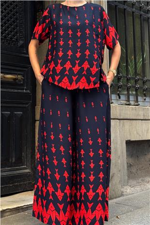 Kadın Kırmızı Bisiklet Yaka Desenli Bluz Ve Pantolon Takım VS00801