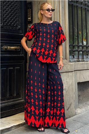 Kadın Kırmızı Bisiklet Yaka Desenli Bluz Ve Pantolon Takım VS00801