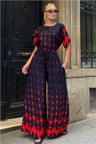 Kadın Kırmızı Bisiklet Yaka Desenli Bluz Ve Pantolon Takım VS00801