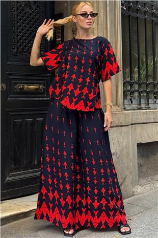 Kadın Kırmızı Bisiklet Yaka Desenli Bluz Ve Pantolon Takım VS00801