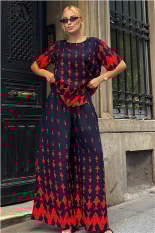 Kadın Kırmızı Bisiklet Yaka Desenli Bluz Ve Pantolon Takım VS00801