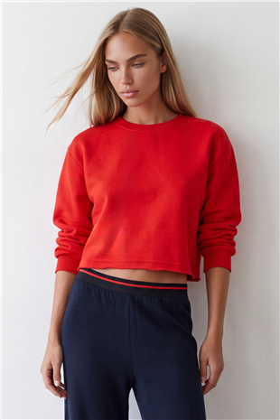 Kadın Kırmızı Bisiklet Yaka Eteği Pis Dikişli 3 İplik İçi Şardonlu Sweatshirt Alc-X15863