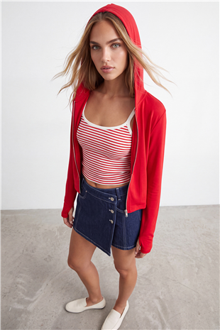 Kadın Kırmızı Çift Cepli Parmak Geçmeli Fermuarlı Kapüşonlu Modal Sweatshirt Alc-X15730