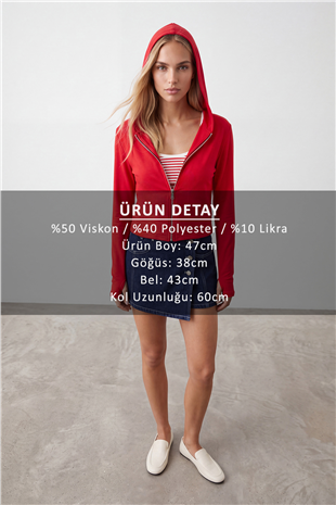 Kadın Kırmızı Çift Cepli Parmak Geçmeli Fermuarlı Kapüşonlu Modal Sweatshirt Alc-X15730