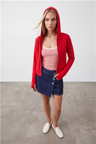Kadın Kırmızı Çift Cepli Parmak Geçmeli Fermuarlı Kapüşonlu Modal Sweatshirt Alc-X15730