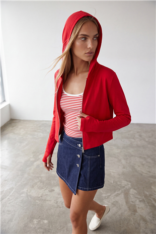 Kadın Kırmızı Çift Cepli Parmak Geçmeli Fermuarlı Kapüşonlu Modal Sweatshirt Alc-X15730