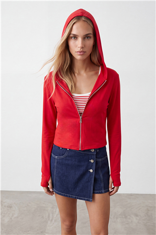 Kadın Kırmızı Çift Cepli Parmak Geçmeli Fermuarlı Kapüşonlu Modal Sweatshirt Alc-X15730