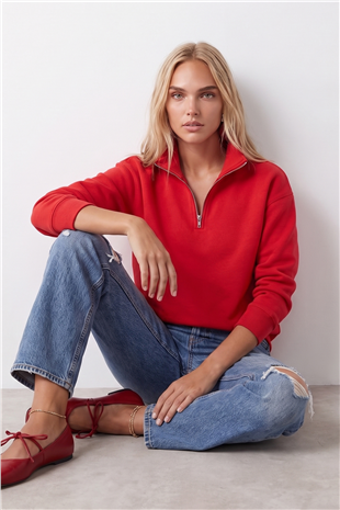 Kadın KIRMIZI Dik Yaka Fermuarlı 3 İplik İçi Şardonlu Oversize Sweatshirt ALC-X15729