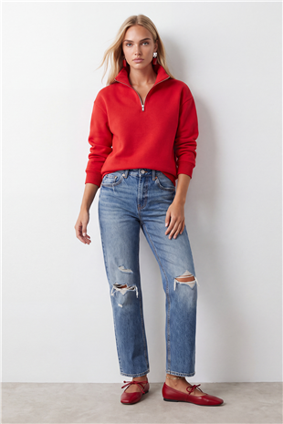 Kadın KIRMIZI Dik Yaka Fermuarlı 3 İplik İçi Şardonlu Oversize Sweatshirt ALC-X15729