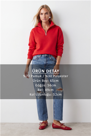 Kadın KIRMIZI Dik Yaka Fermuarlı 3 İplik İçi Şardonlu Oversize Sweatshirt ALC-X15729