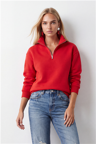 Kadın KIRMIZI Dik Yaka Fermuarlı 3 İplik İçi Şardonlu Oversize Sweatshirt ALC-X15729