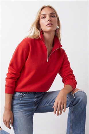 Kadın KIRMIZI Dik Yaka Fermuarlı 3 İplik İçi Şardonlu Oversize Sweatshirt ALC-X15729