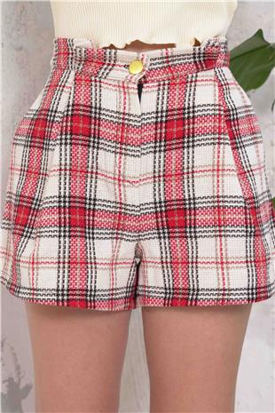 Kadın KIRMIZI Ekose Desenli Düğme Kapamalı Çift Cepli Şort VS01501