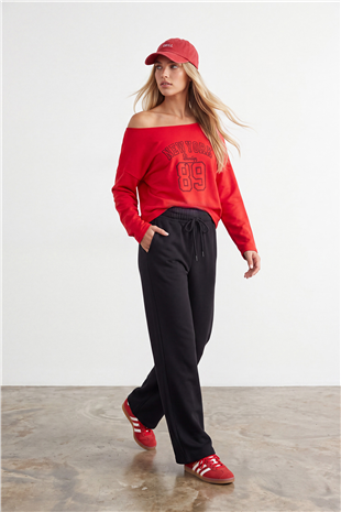 Kadın Kırmızı Kayık Yaka Baskılı Modal Sweatshirt Alc-X15731