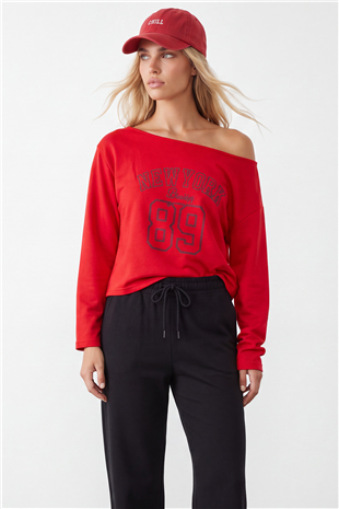Kadın Kırmızı Kayık Yaka Baskılı Modal Sweatshirt Alc-X15731