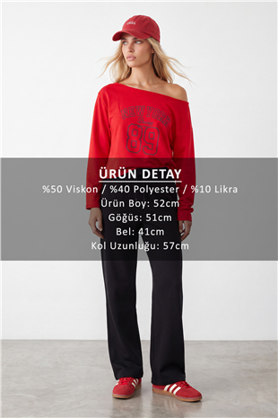 Kadın Kırmızı Kayık Yaka Baskılı Modal Sweatshirt Alc-X15731