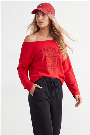 Kadın Kırmızı Kayık Yaka Baskılı Modal Sweatshirt Alc-X15731