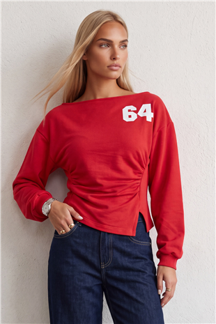 Kadın Kırmızı Kayık Yaka Ön Arka Baskılı Dırape Detaylı Üç İplik Sweatshirt Alc-X15959