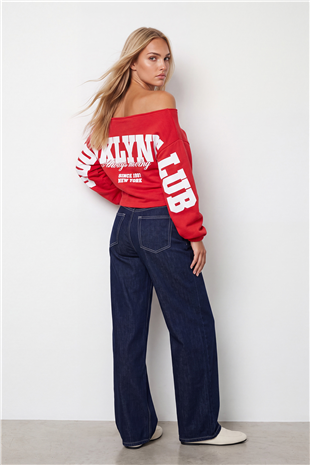 Kadın Kırmızı Kayık Yaka Ön Arka Baskılı Dırape Detaylı Üç İplik Sweatshirt Alc-X15959