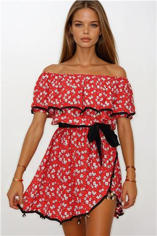 Kadın Kırmızı Madonna Yaka Boncuk İşlemeli Asimetrik Kesim Mini Yazlık Elbise ALC-X13644