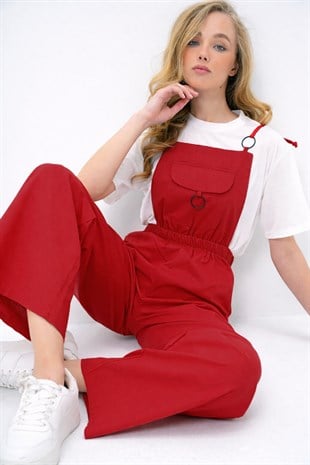 Kadın Kırmızı Önü Cepli Askılı Halka Detaylı Aerobin Salopet Pantolon Alc-X13581