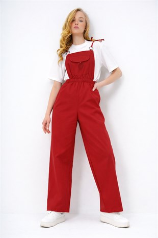 Kadın Kırmızı Önü Cepli Askılı Halka Detaylı Aerobin Salopet Pantolon Alc-X13581