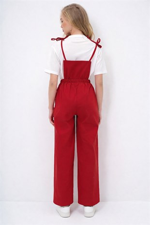 Kadın Kırmızı Önü Cepli Askılı Halka Detaylı Aerobin Salopet Pantolon Alc-X13581