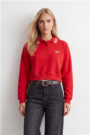 Kadın Kırmızı Ribana Polo Yakalı Nakış Detaylı Şardonlu Üç İplik Sweatshirt Alc-X15960