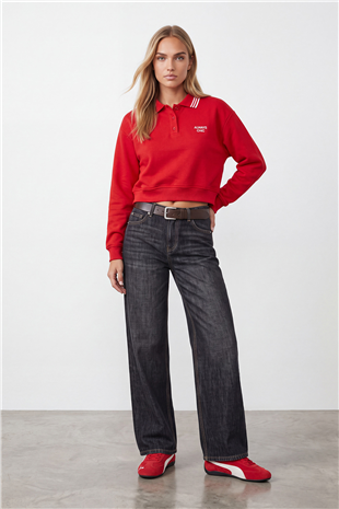 Kadın Kırmızı Ribana Polo Yakalı Nakış Detaylı Şardonlu Üç İplik Sweatshirt Alc-X15960