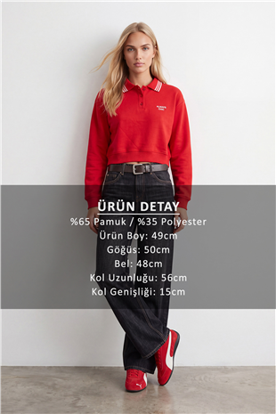 Kadın Kırmızı Ribana Polo Yakalı Nakış Detaylı Şardonlu Üç İplik Sweatshirt Alc-X15960