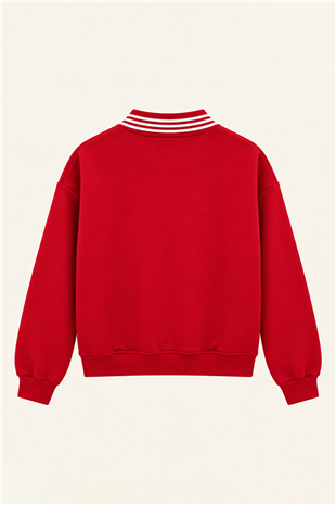 Kadın Kırmızı Ribana Polo Yakalı Nakış Detaylı Şardonlu Üç İplik Sweatshirt Alc-X15960
