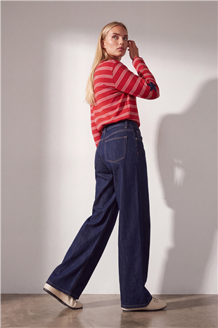 Kadın Kırmızı Ribanalı Bisiklet Yaka Oversize Çizgili Sweatshirt Alc-X15947