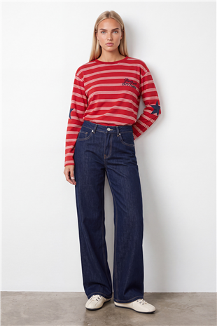 Kadın Kırmızı Ribanalı Bisiklet Yaka Oversize Çizgili Sweatshirt Alc-X15947