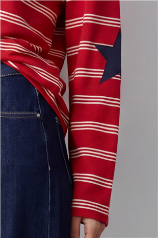 Kadın Kırmızı Ribanalı Bisiklet Yaka Oversize Çizgili Sweatshirt Alc-X15947