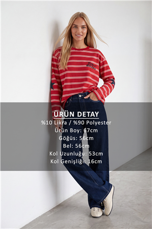Kadın Kırmızı Ribanalı Bisiklet Yaka Oversize Çizgili Sweatshirt Alc-X15947