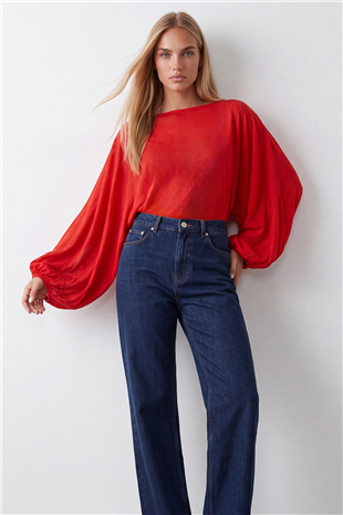 Kadın Kırmızı Yarasa Kesim Balon Kol Dökümlü Transparan Bluz Alc-X15606
