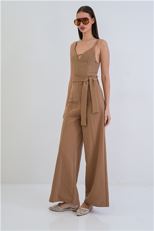 Kadın Koyu Bej Ayarlanabilir Askılı Kendinden Kemerli Sırtı Fermuarlı Keten Tulum Alc-X15382